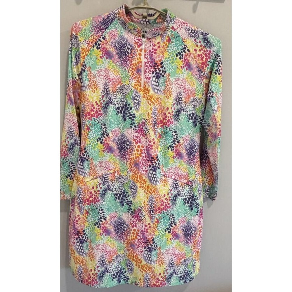 IBKUL Long Sleeve Active Dress UPF 50+ 1/4 Zip Colorful Print Pockets Size M